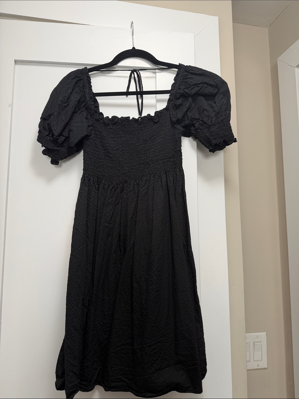 Hill House Black Puff-Sleeve Smocked Mini Dress